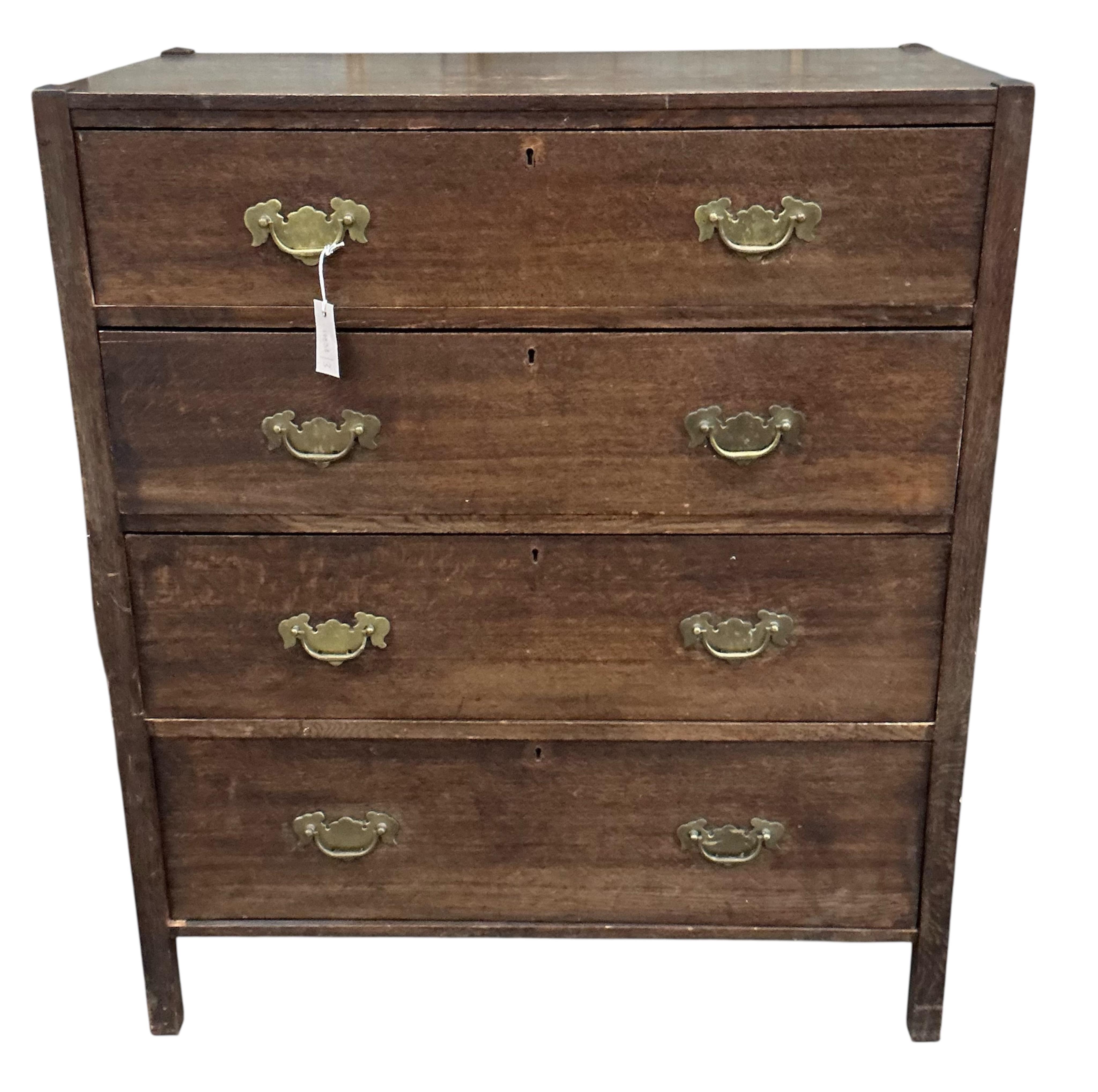 An early 20th century oak chest of four drawers, width 91cm, depth 50cm, height 106cm